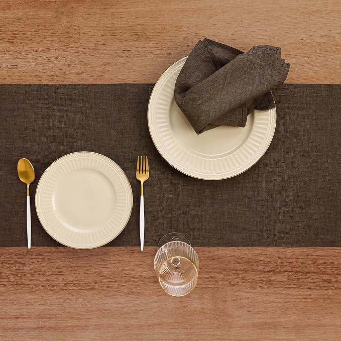 Solino Home 100% Pure Linen Table Runner Brown Long, Athena 14 x 132 in | Table - Image 3