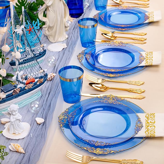 210 Pcs Blue Gold Plates for Graduation | Blue Party Plates Set for 30 Guests - Image 6