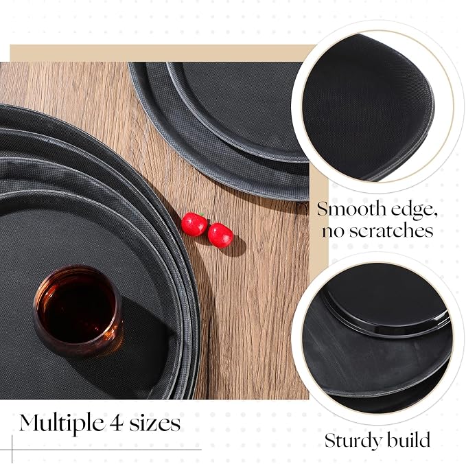 Zopeal 8 Pieces Black Round Restaurant Serving Tray, Plastic Non Slip Surface - Image 3