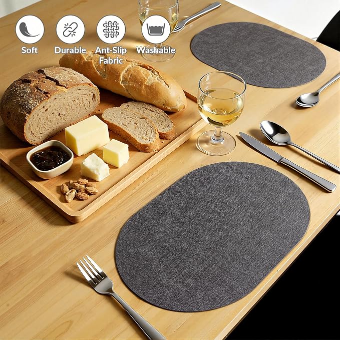 Placemats Set of 6, 11.8 x 17 Inch, Dark Grey | Heat Resistant Oval Faux - Image 6