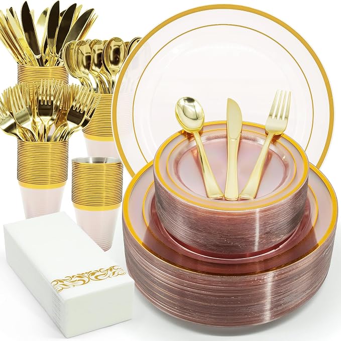 AIRE Pink Gold Plastic Plates Set, leakproof non-bending, heavy-duty leakproof by AIRE