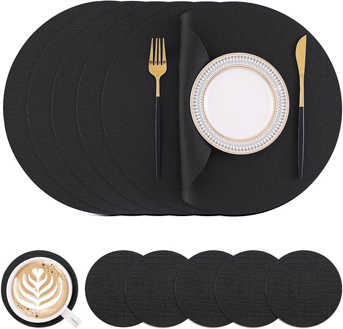 Homaxy Round Faux Leather Placemats and Coasters, Wipeable Place Mats, by Homaxy