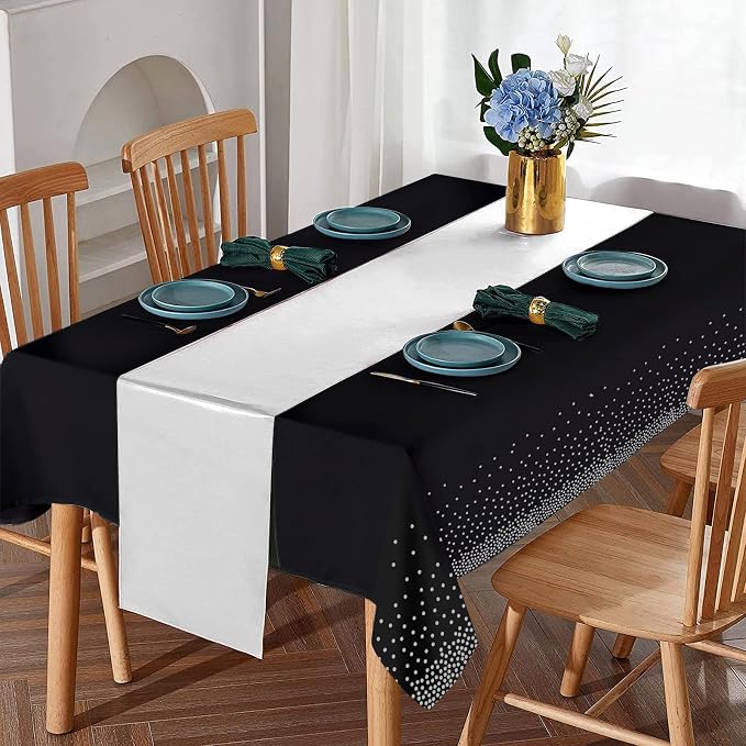 16Pack Disposable Plastic Tablecloths and Satin Table Runner Set Black and - Image 4