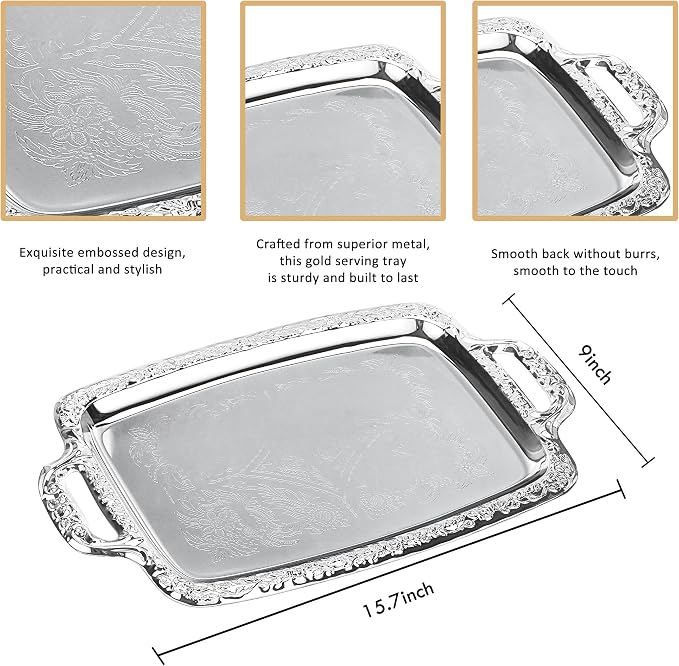 4-Pack Large Rectangle Silver Serving Trays, 15.4" x 9.3" Stainless Steel - Image 4