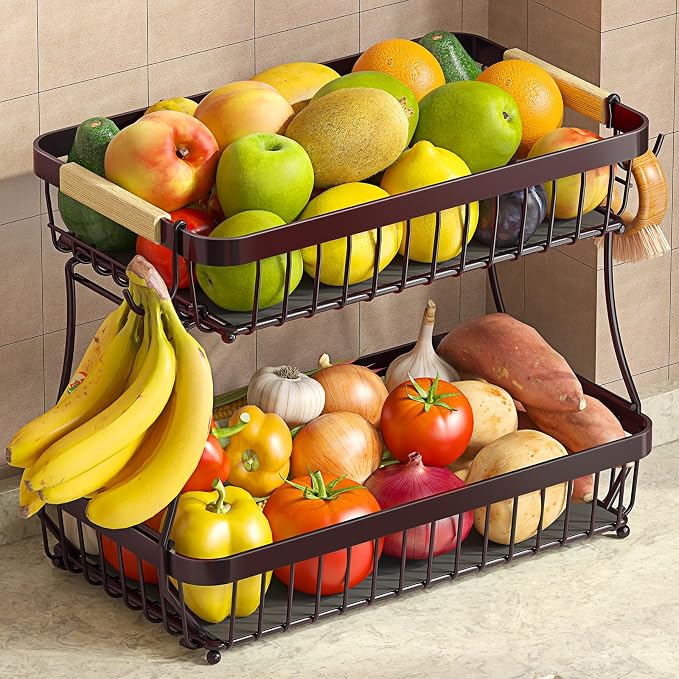 2-Tier Fruit Basket with Banana Hangers, Detachable Metal Bowl by Sevenblue