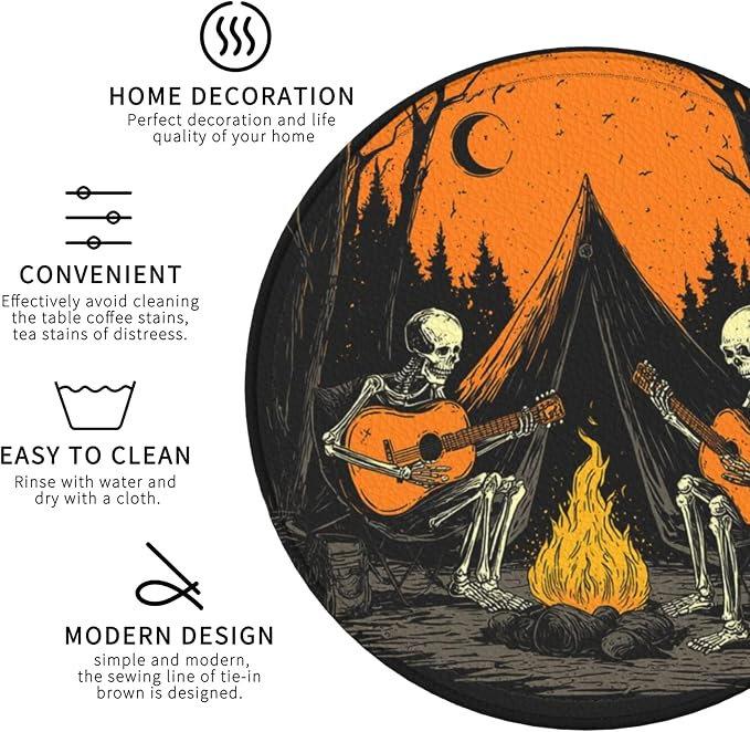 Halloween Skull Coasters Leather Round Drink Coasters 6 Pcs Set - Image 4