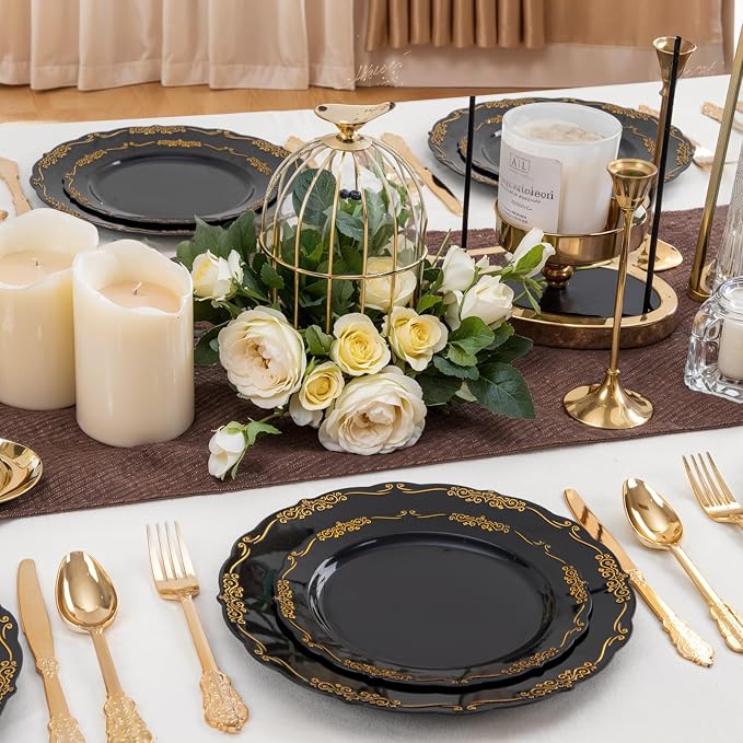 DaYammi 60PCS Black and Gold Plastic Plates, Heavy Duty Black and Gold - Image 5