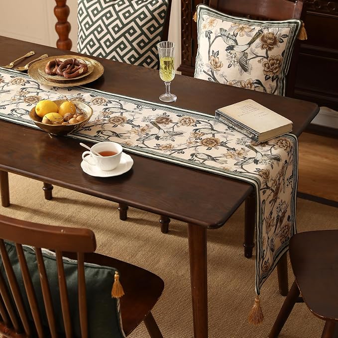 Designer French Linen Long Table Runner, Floral and Bird Pattern, Dining Table - Image 7