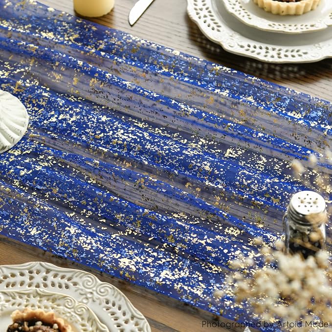 Artoid Mode 3PCS Blue Gold Gauze Table Runner 120 Inch 10FT, Glitter Metallic - Image 6