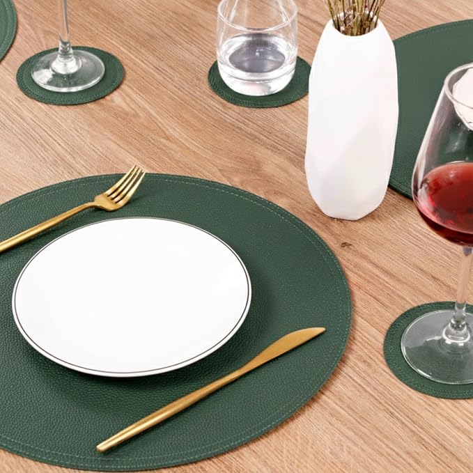 Set of 6 Faux Leather Round Placemats and Coasters, Disko Table Mats and Drink - Image 2