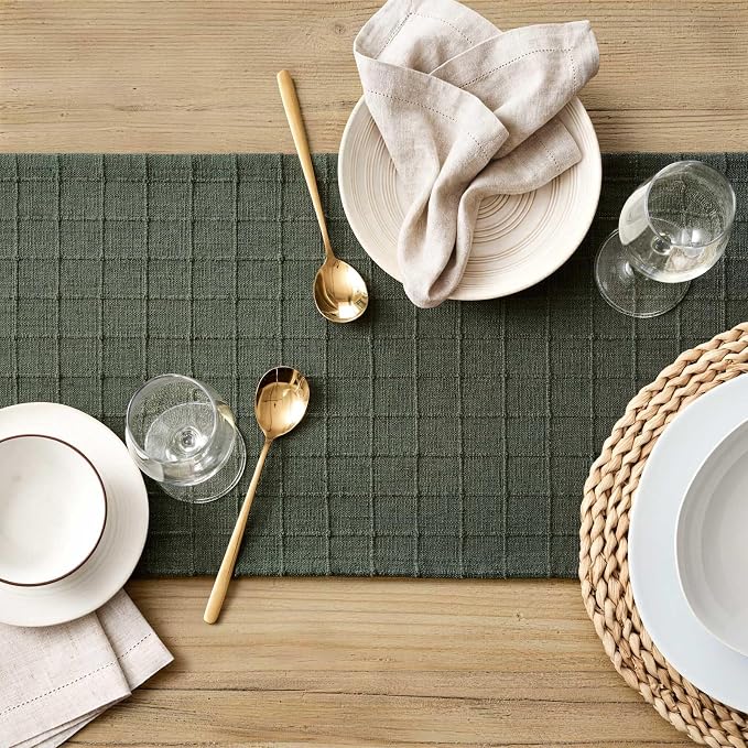 Artisanal Grid Linen Table Runner, 13x36 Inches Army Green | Heavy Textured - Image 5