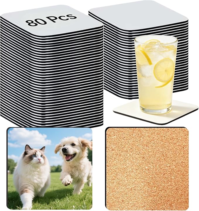 80 Pcs Sublimation Blank Coasters, Heat Transfer Wood Cork Coasters 4 x 4 in by Unknown