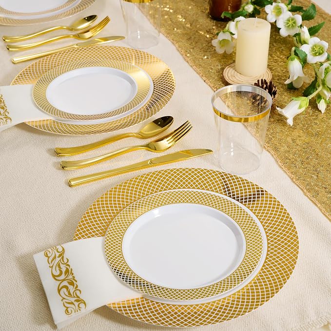 FOCUSLINE Gold Plastic Plates Set of 102, Disposable Plates - Image 2