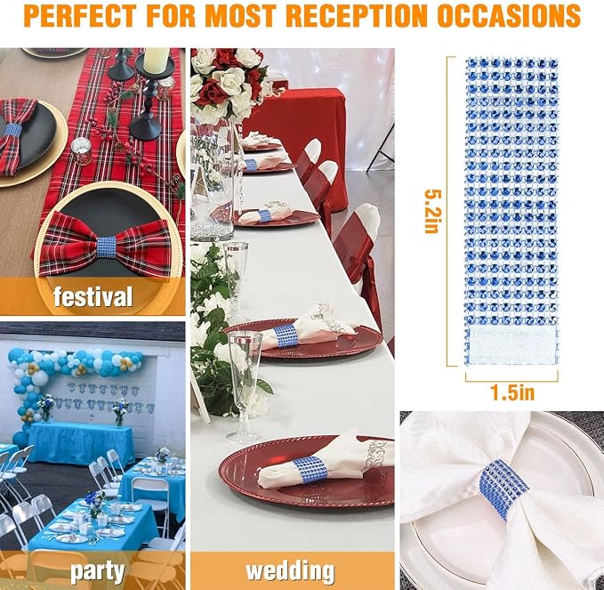 Blue Napkin Rings Bulk Set of 150pcs, Wedding Diamond Crystal Rhinestone Napkin - Image 3