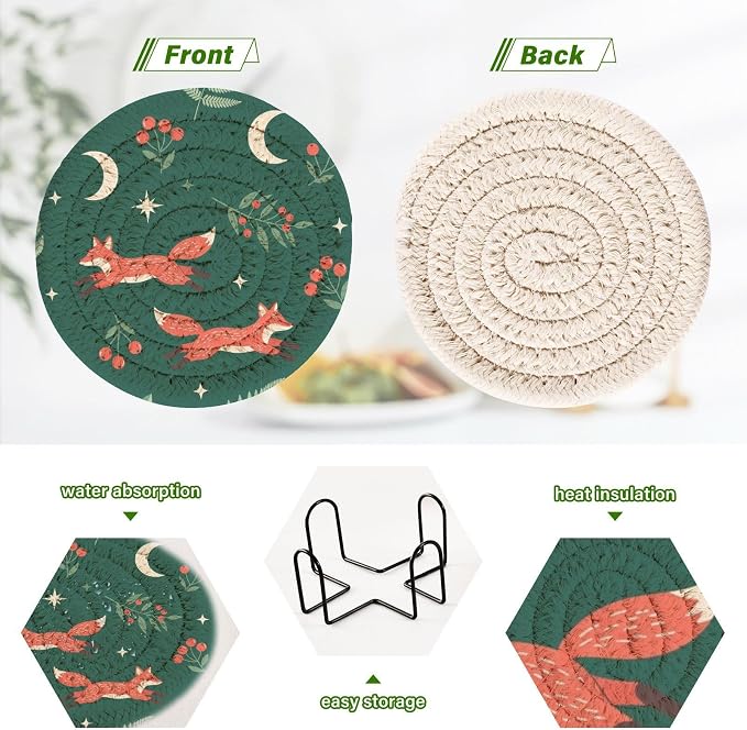 Winter Fox Berries Green Print Coasters - Image 4