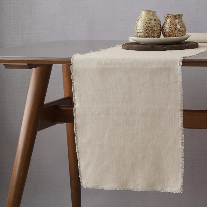Linen Table Runner with Fringe- 14x48 Inch Natural, 100% Pure Linen Table Runner by LinksloveHome