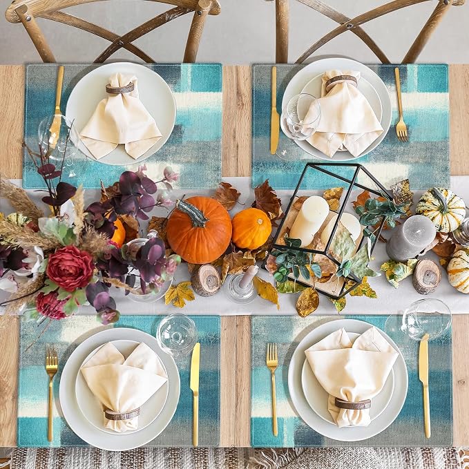 Emvency Farmhouse Placemats Set of 4, 12x18 Inch, Teal and Grey | Abstract Art - Image 7