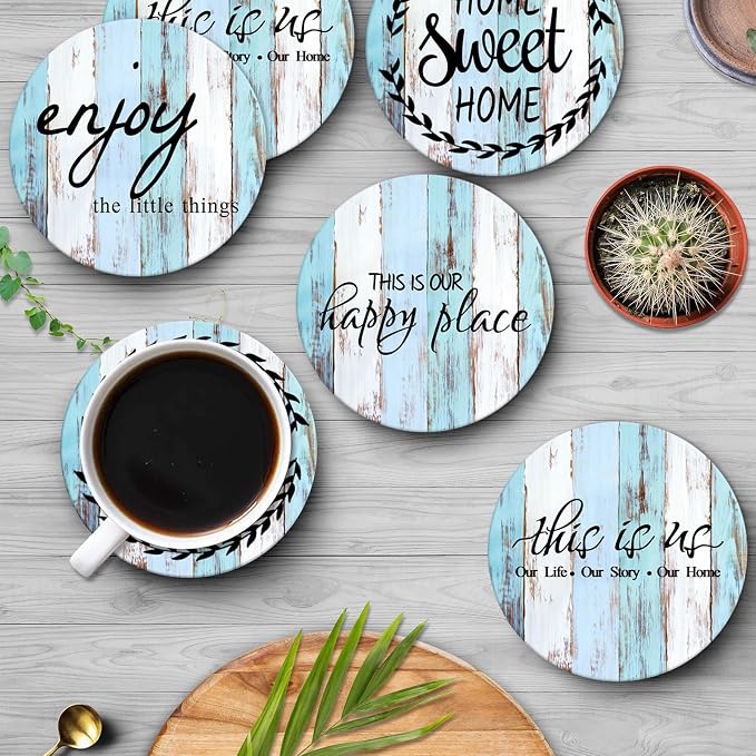 Coasters for Drinks, Ceramic Stone, Vintage Blue | White Wooden Old Absorbent - Image 4