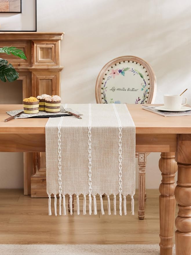 Braided Farmhouse Table Runner, Braided Taupe 13x108 Inch, Cotton Linen Table - Image 2