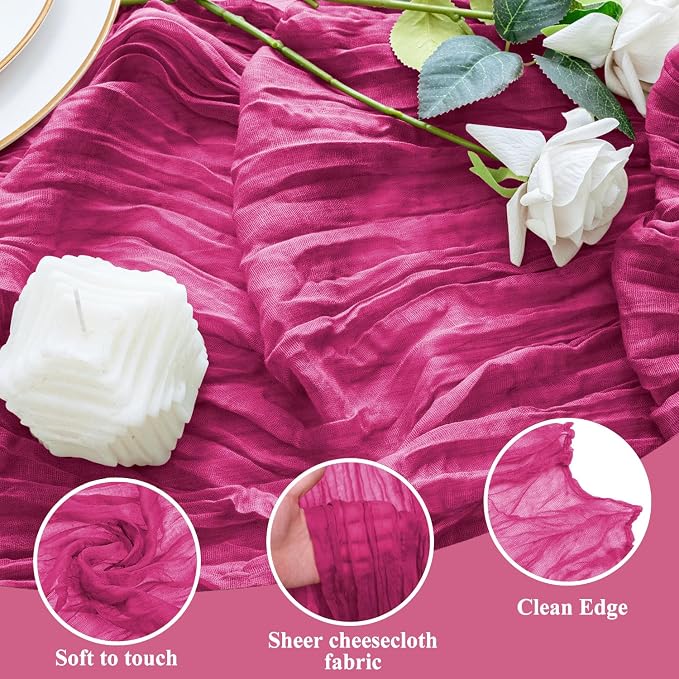 Cheesecloth Table Runner 10FT 3Pcs Fuchsia Boho Gauze Rustic Sheer Runners | - Image 3