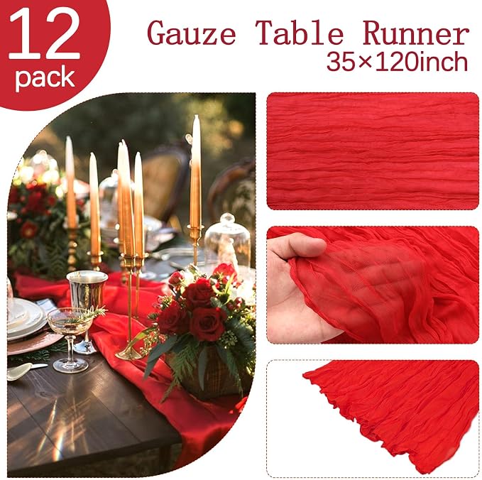 12 Pack Red Cheesecloth Table Runner 35 x 120 Inch | Boho Gauze Fabric - Image 4