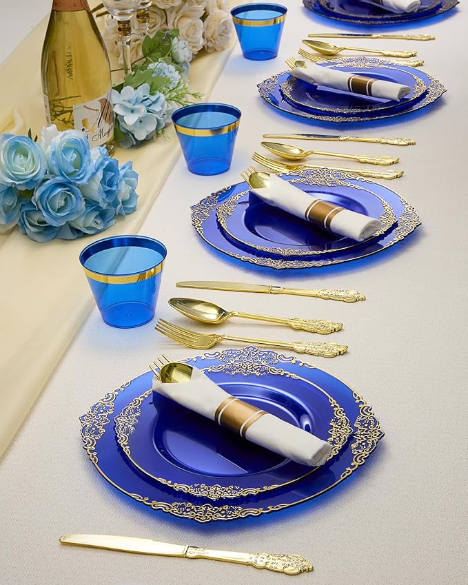 350 Piece Clear Blue Plastic Dinnerware Set - Image 7