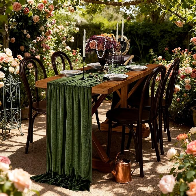 Olive Green Velvet Table Runner 29x120 Inch 10ft Long Soft Velvet Fabric | 10ft by SoarDream