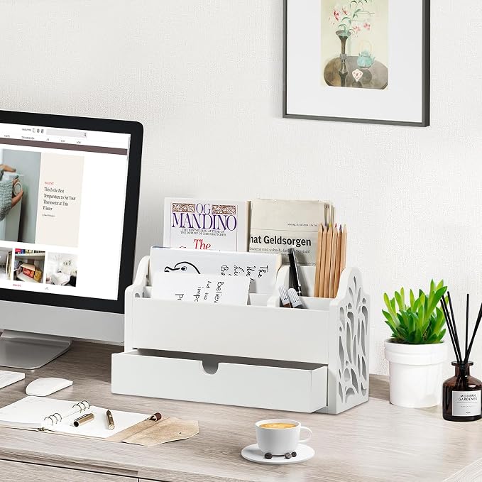 Desk Organizer with Drawer Wood File Office Mail Organizer Countertop | 5 Slot - Image 2