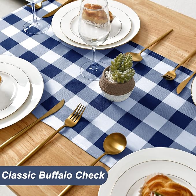 Buffalo Plaid Table Runner Navy Blue and White 14W x 108L, 1 Piece | Waterproof - Image 2