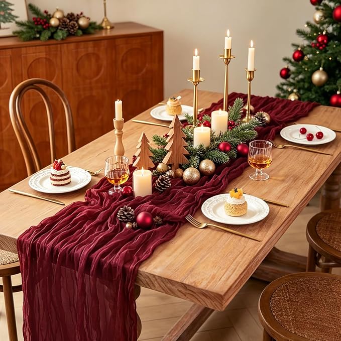 Burgundy Table Runner, 10FT Boho Rustic Burgundy Maroon Table Runner 120inch - Image 3