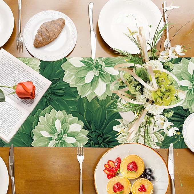 Green Dahlia Flower Summer Table Runner Sage Green Burlap Table Runners - Image 8