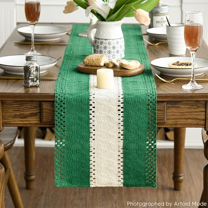 Artoid Mode Emerald Green Farmhouse Woven Table Runner 12x36 Inch | Holiday - Image 2