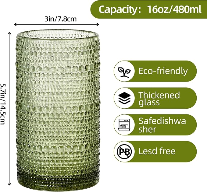 16oz Hobnail Drinking Glasses Set of 12, Vintage Large Capacity Embossed Green - Image 2