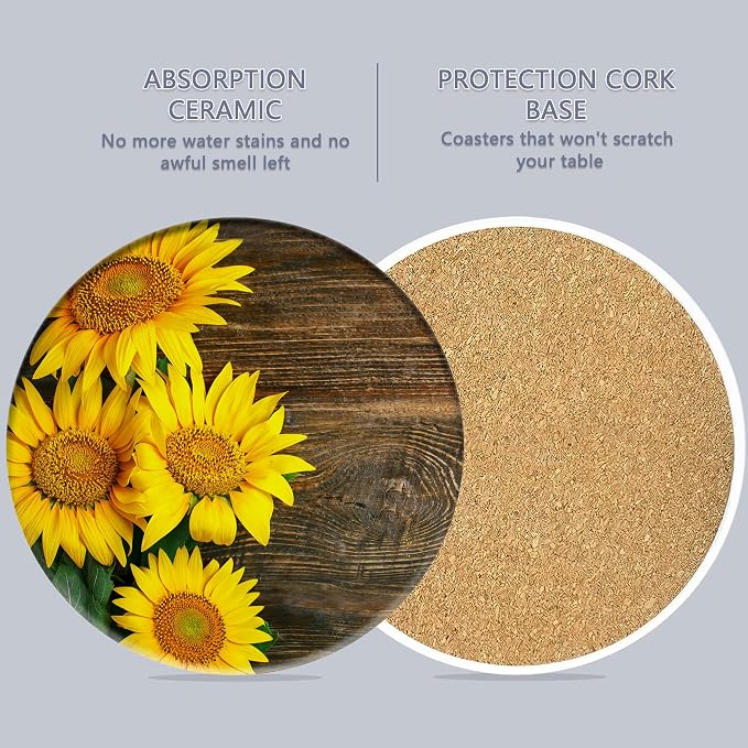 Table Coaster for Drinks Set of 6, Vintage Sunflower Wood Round Ceramic Coasters - Image 3