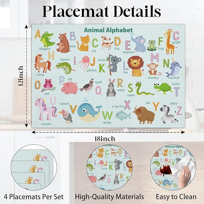 Animal Alphabet Placemats Set of 4, Toddler Placemats - Image 2