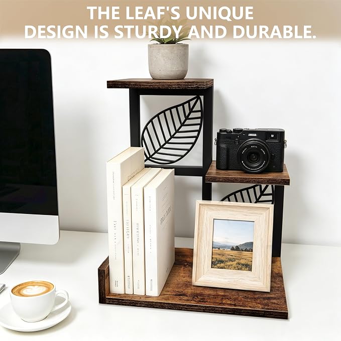 Desk Shelf Organizer, 3 Tier Desktop Leaf Small Bookshelf | Adjustable rustic - Image 3