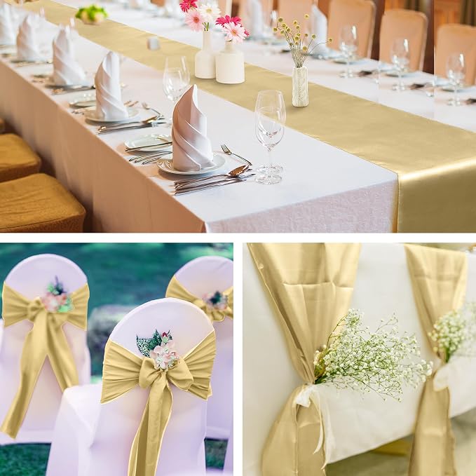 Aneco 12 Pack Satin Table Runner 12 x 108 Inch Champagne Long Wedding Satin - Image 6