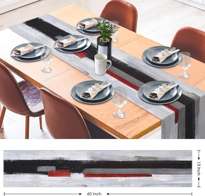 Emvency Table Runner, 13x60 Inch, Modern Art Painting | Black Red Dining Decor - Image 2