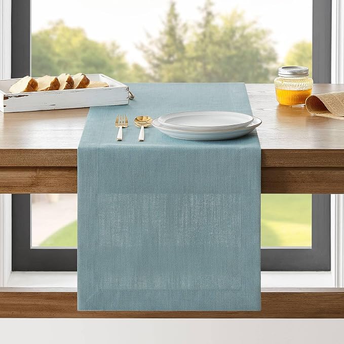 Linen Textured Border Table Runner, 14 x 36 Inch Blue | Mitered Corner Design by ZEEMARTONLINE