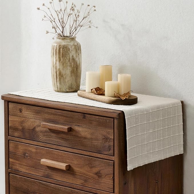 Artisanal Grid Linen Table Runner, 13x108 Inches Ivory | Heavy Textured - Image 3