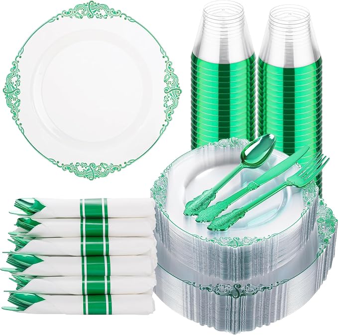 175 Pcs Clear Green Plates for Party | Green Party Plates Set for 25 Guests by Hioasis