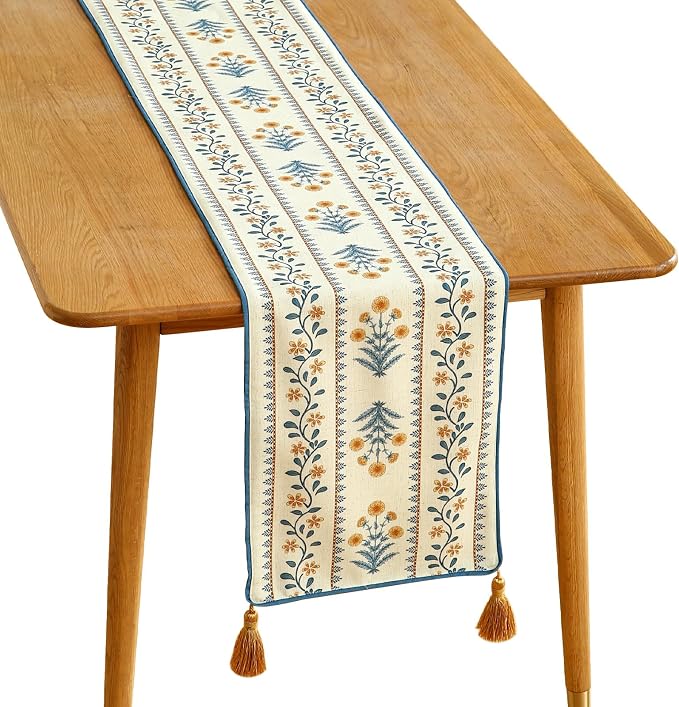 Designer French Linen Table Runner, Pale Yellow Floral Pattern, Dining Table by Isaennehomedecoration
