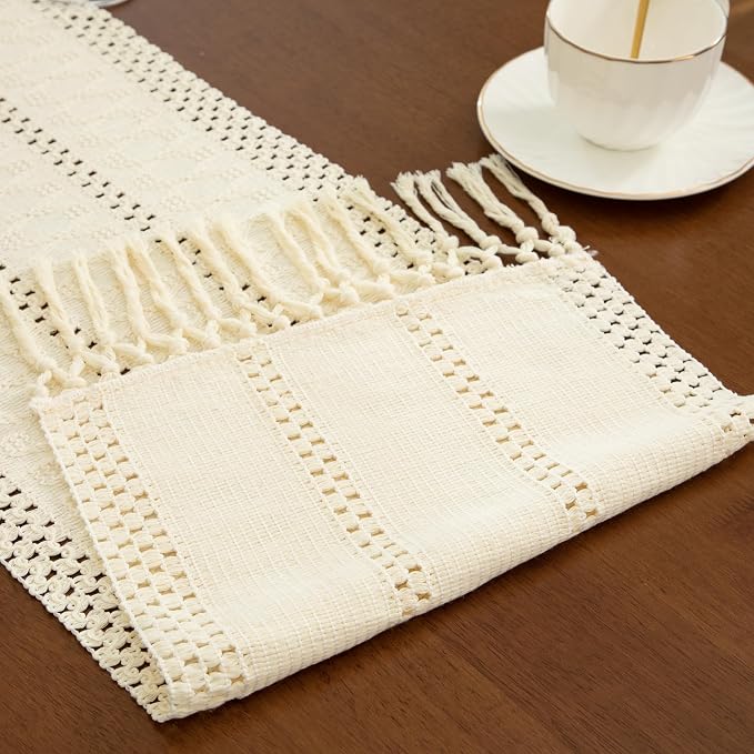 Boho Cream Table Runner, 12x72 Inches | Tassels, Summer Farmhouse, Woven Cotton - Image 4
