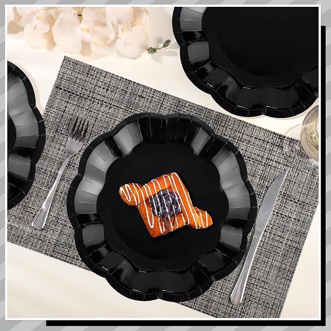 NatNarr 30 Pcs Black Paper Plates, 9 Inch Scalloped Black Plates Dinner Plate - Image 4