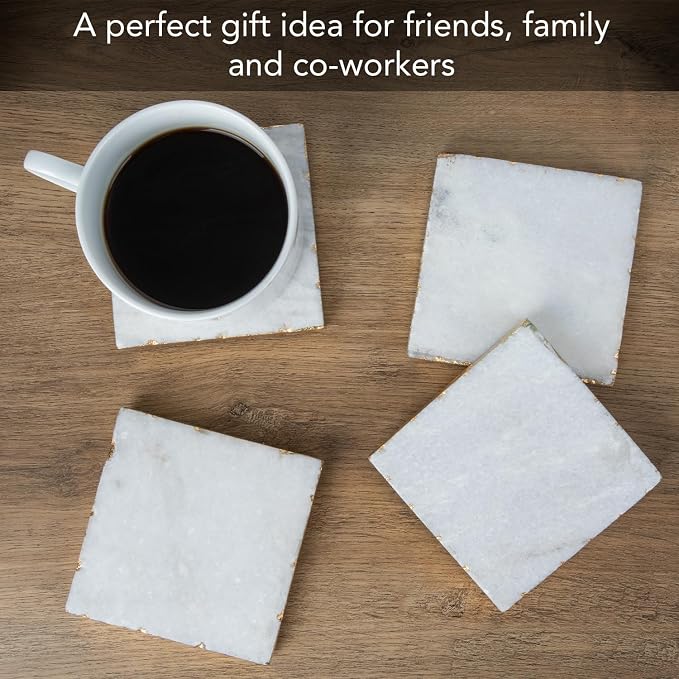 Thirstystone Square White Marble/Gold Edged Coasters, Non-Slip Feet - Image 3