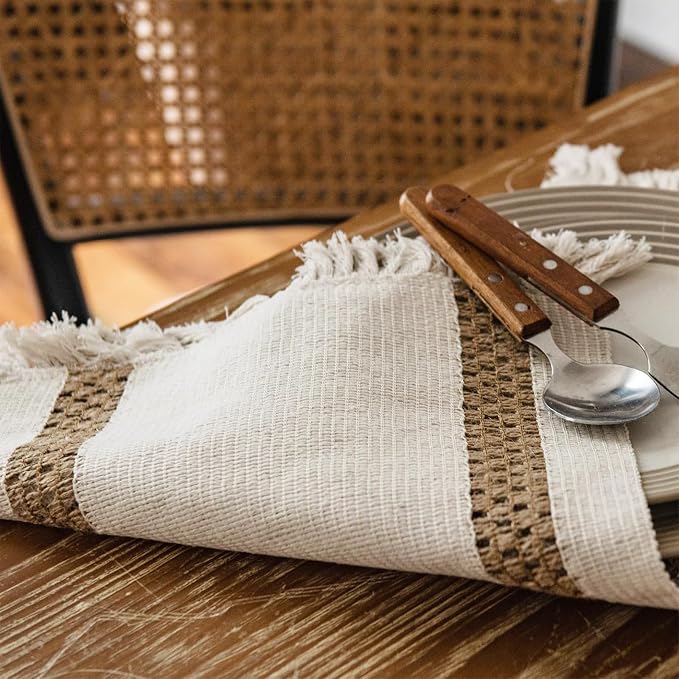 Boho Placemats Set of 8, 12x18 Inch Natural Cotton Burlap and Kitchen Woven - Image 4