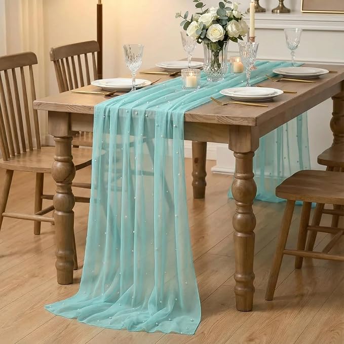 Artoid Mode 6PCS Pearl Turquoise Gauze Table Runner 120 Inch 10FT, Seasonal - Image 6