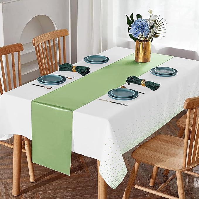 16Pack Plastic Tablecloths and Satin Table Runner Set Disposable White and Sage - Image 5