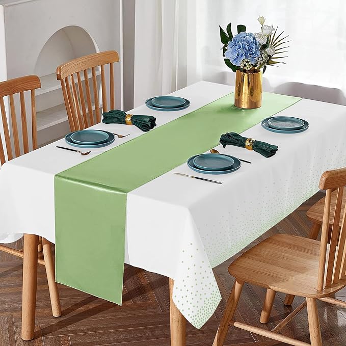 8Pack Plastic Tablecloths and Satin Table Runner Set Disposable White and Sage - Image 5