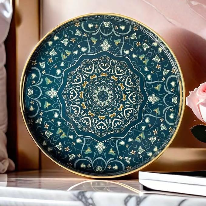 Round Serving Tray with Handles | Plastic Ottoman Tray Coffee Table Tray - Image 2